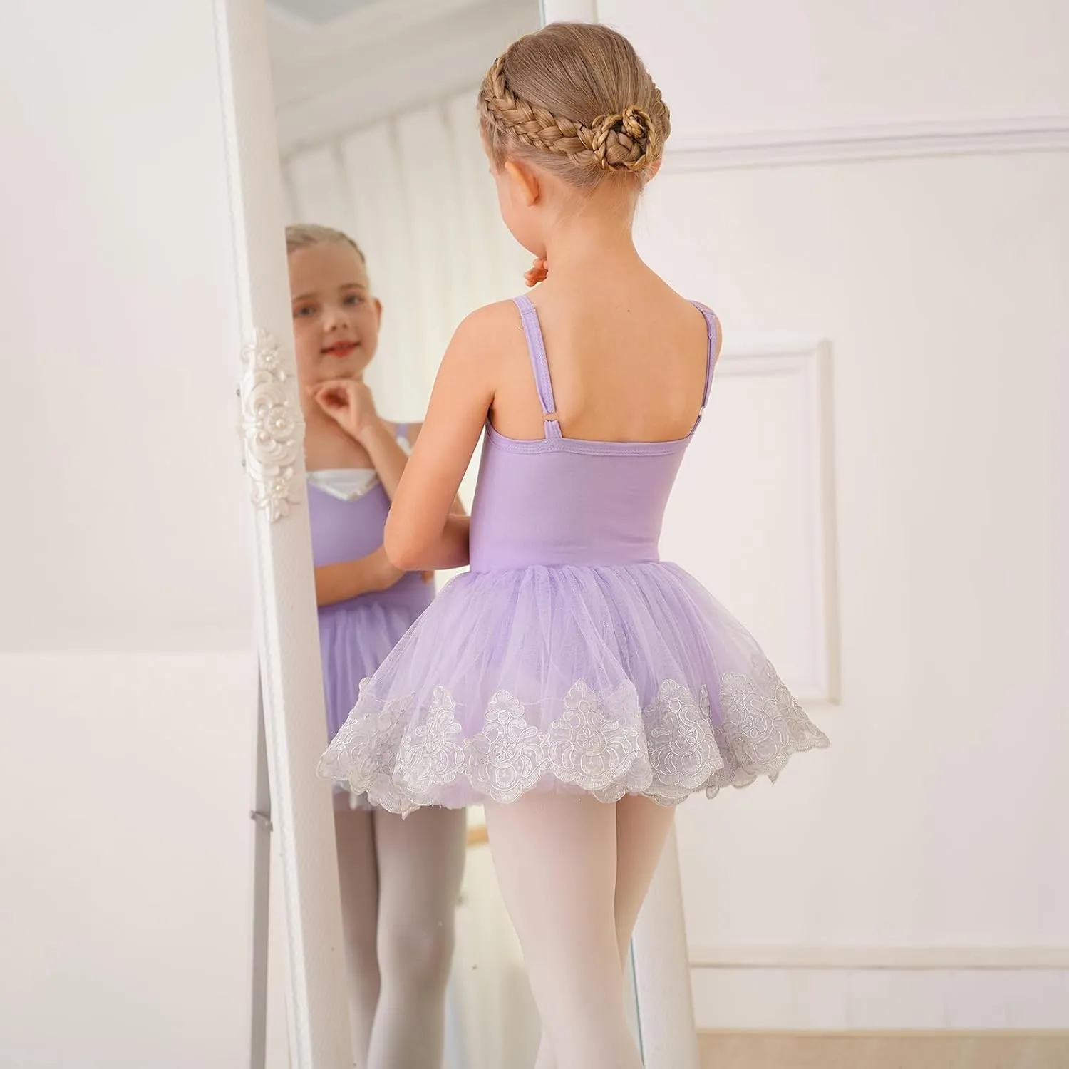 Ballerina Dress Ballet Leotards for Girl Shiny Sequins Flower Ballerina Tutu Floral Lace Dance Leotards Tulle Skirt