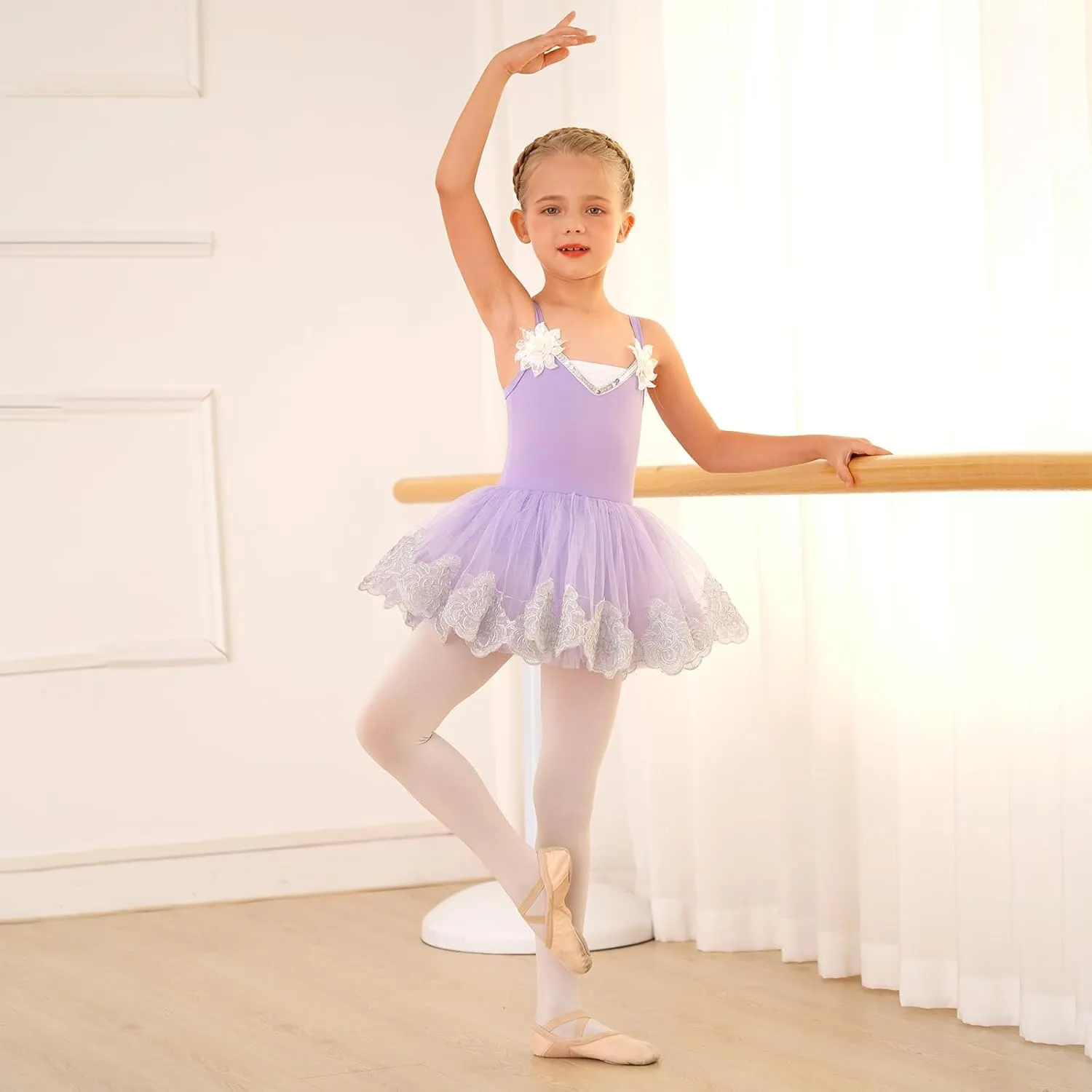 Ballerina Dress Ballet Leotards for Girl Shiny Sequins Flower Ballerina Tutu Floral Lace Dance Leotards Tulle Skirt