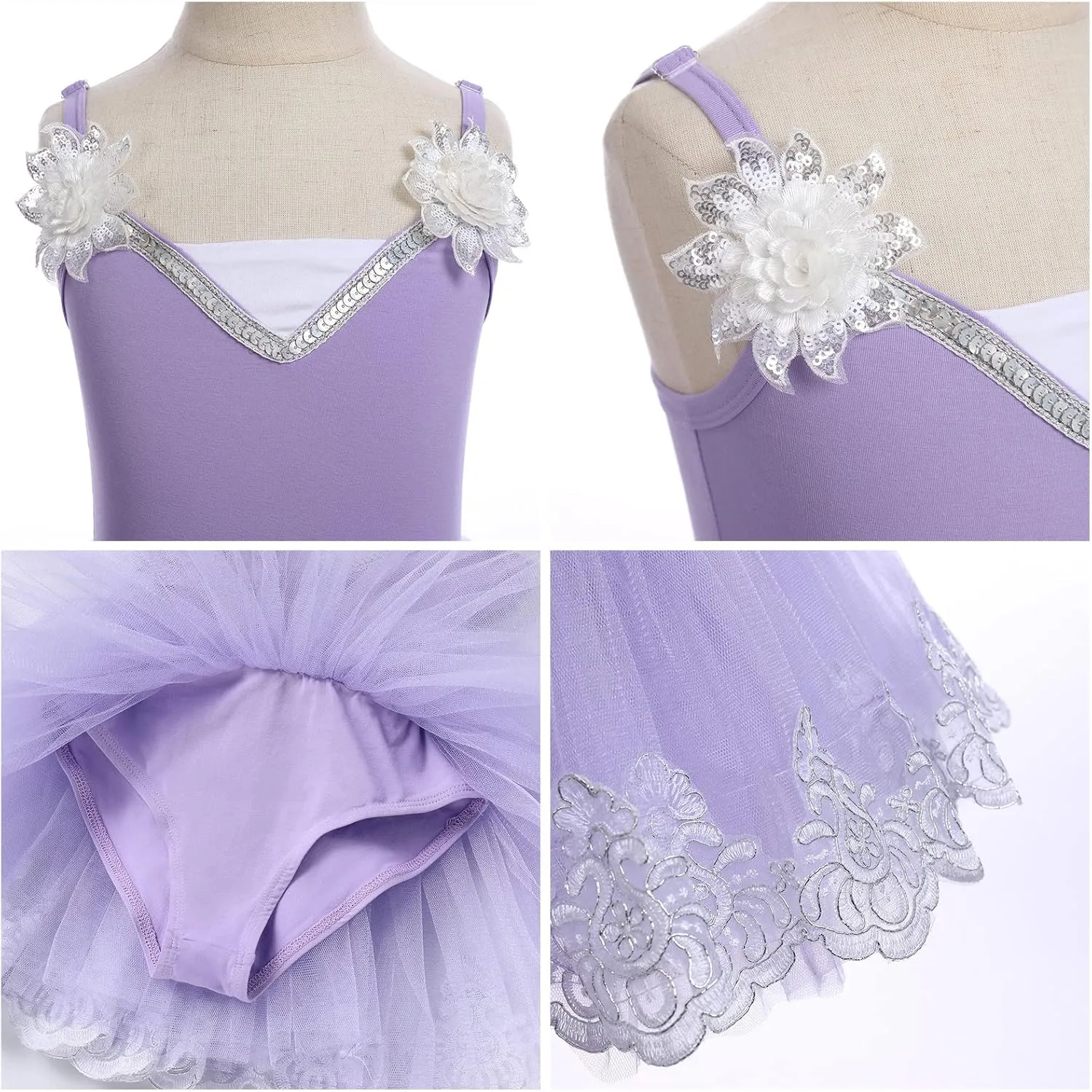 Ballerina Dress Ballet Leotards for Girl Shiny Sequins Flower Ballerina Tutu Floral Lace Dance Leotards Tulle Skirt