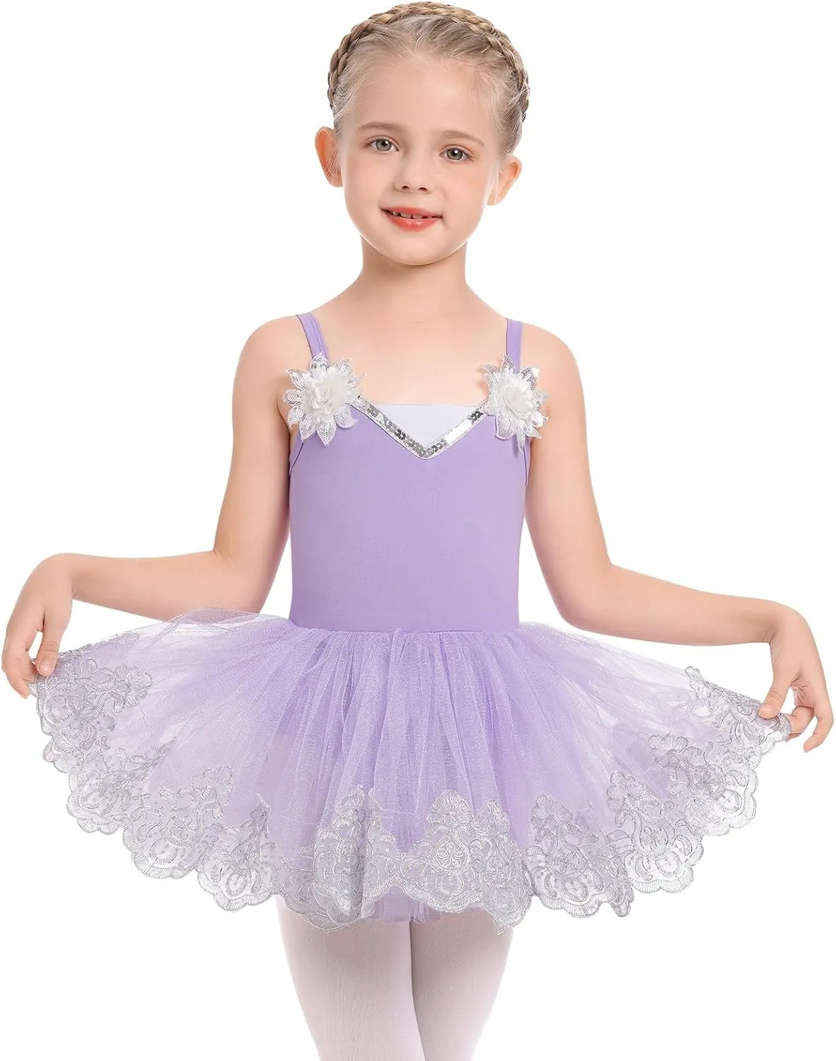 Ballerina Dress Ballet Leotards for Girl Shiny Sequins Flower Ballerina Tutu Floral Lace Dance Leotards Tulle Skirt