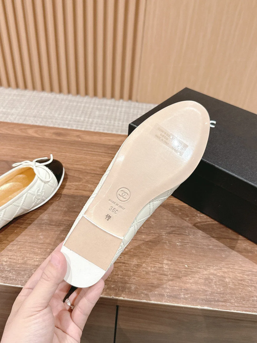 ballet flat cream quilted lambskin black patent calfskin