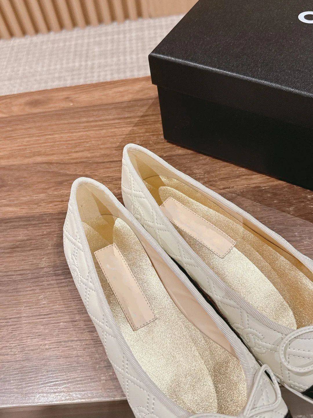 ballet flat cream quilted lambskin black patent calfskin