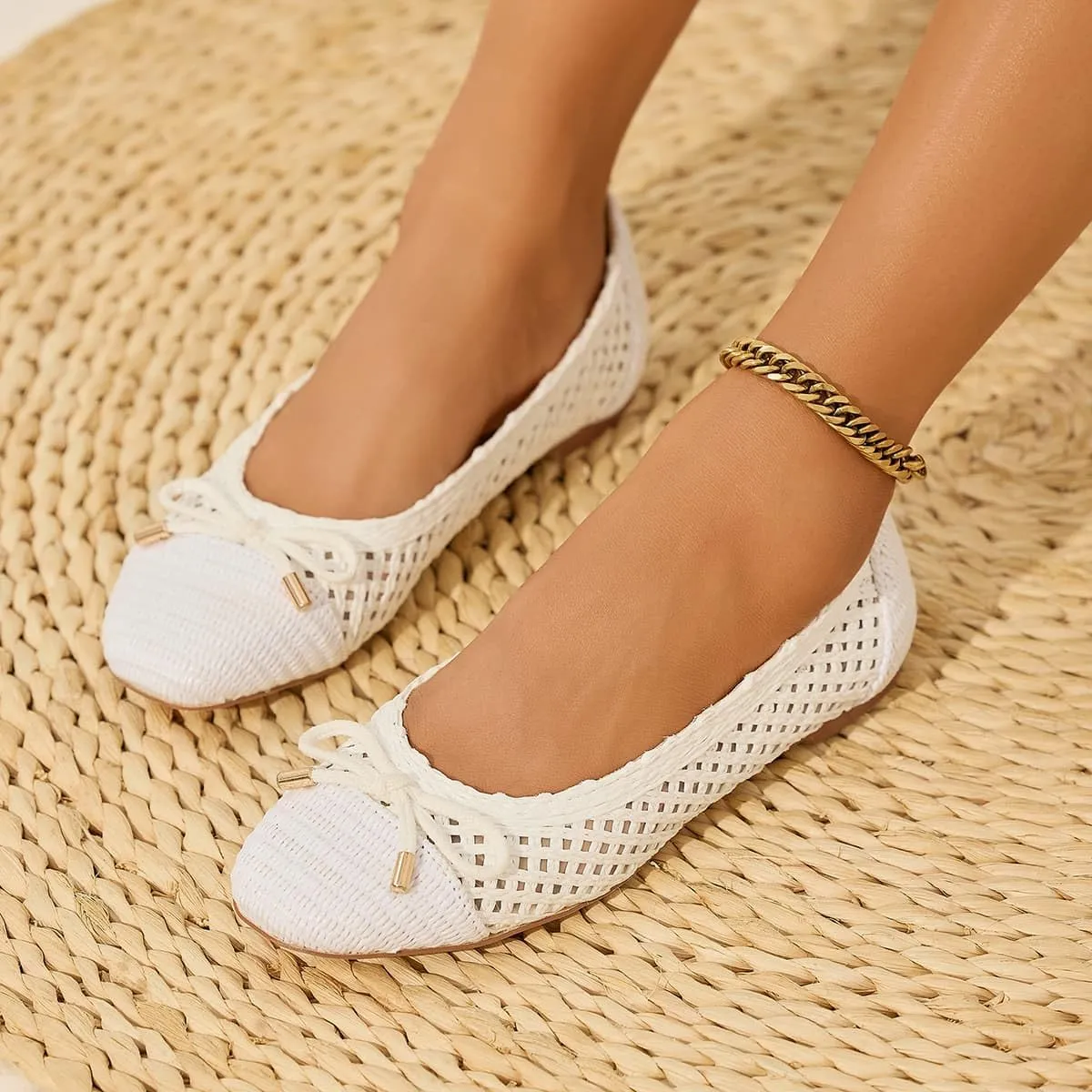 Ballet Flats Shoes for Women Fashionable Raffia Mary Jane Flats Comfortable Pull-on Breathable Bow Design