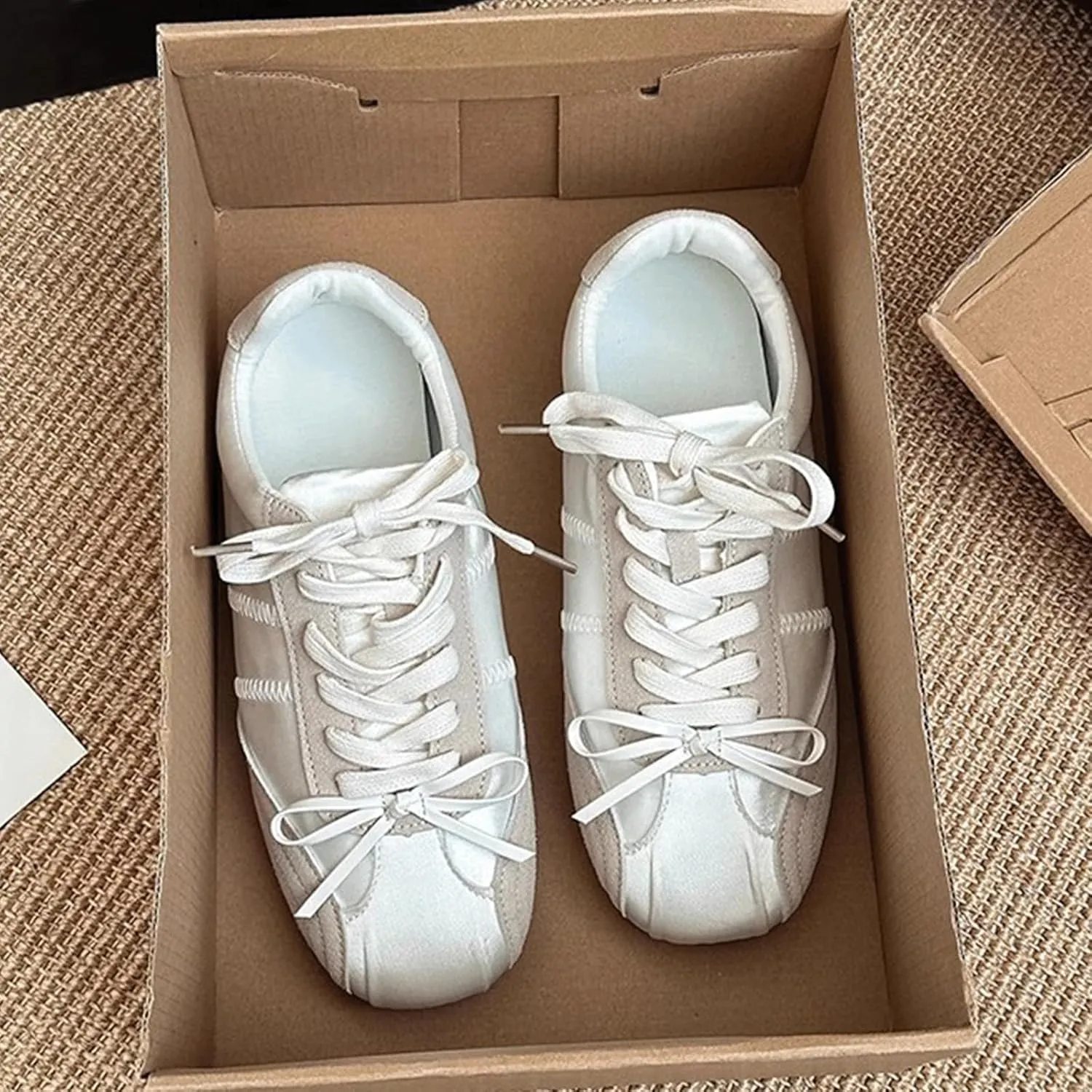 Ballet Sneakers for Woman Leather Satin Lace Up Soft Elegant Ballerina Flats Fancy Trendy Ballet Shoes with Cute Bowknot 2025 Spring Summer Casual Daily Outwear