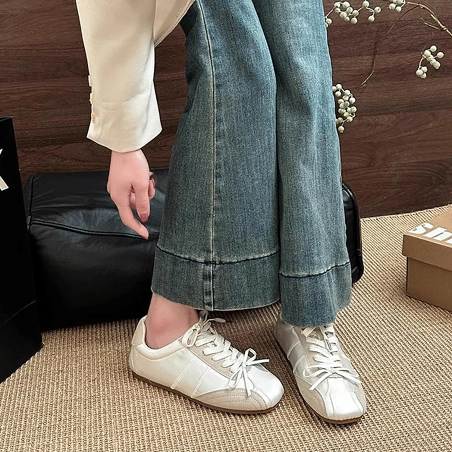 Ballet Sneakers for Woman Leather Satin Lace Up Soft Elegant Ballerina Flats Fancy Trendy Ballet Shoes with Cute Bowknot 2025 Spring Summer Casual Daily Outwear