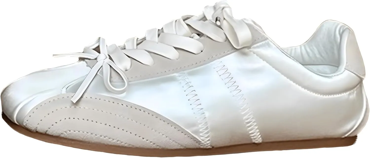 Ballet Sneakers for Woman Leather Satin Lace Up Soft Elegant Ballerina Flats Fancy Trendy Ballet Shoes with Cute Bowknot 2025 Spring Summer Casual Daily Outwear
