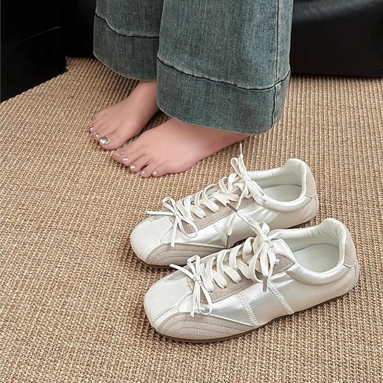 Ballet Sneakers for Woman Leather Satin Lace Up Soft Elegant Ballerina Flats Fancy Trendy Ballet Shoes with Cute Bowknot 2025 Spring Summer Casual Daily Outwear