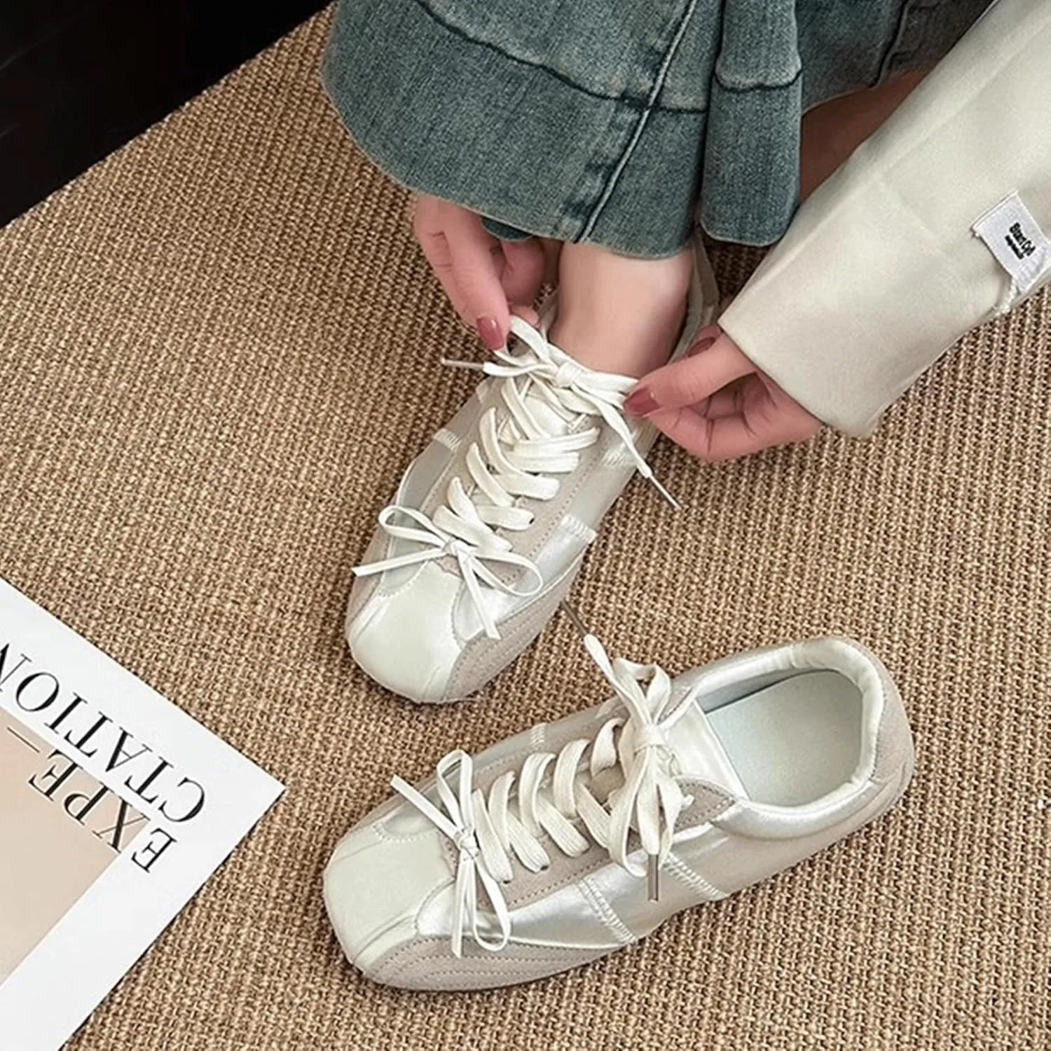 Ballet Sneakers for Woman Leather Satin Lace Up Soft Elegant Ballerina Flats Fancy Trendy Ballet Shoes with Cute Bowknot 2025 Spring Summer Casual Daily Outwear
