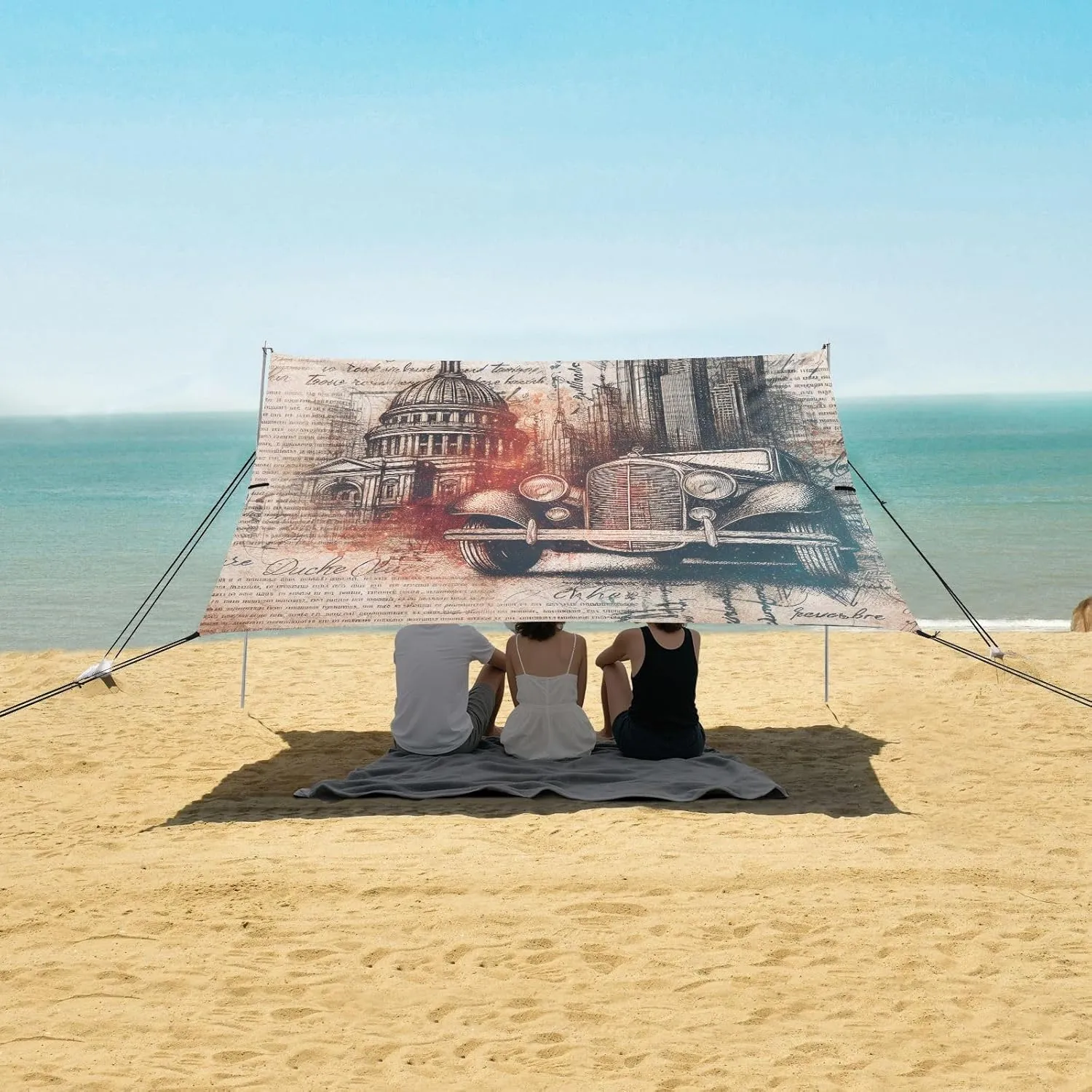 Beach Shade Tent with UPF50  UV Protection,Vintage Classical Car Castle Lightweight Camping Sun Shelter for Outdoor,Camping Trips, Fishing, Backyard,Picnics,Easy Set Up and Carry 9x10.5 FT