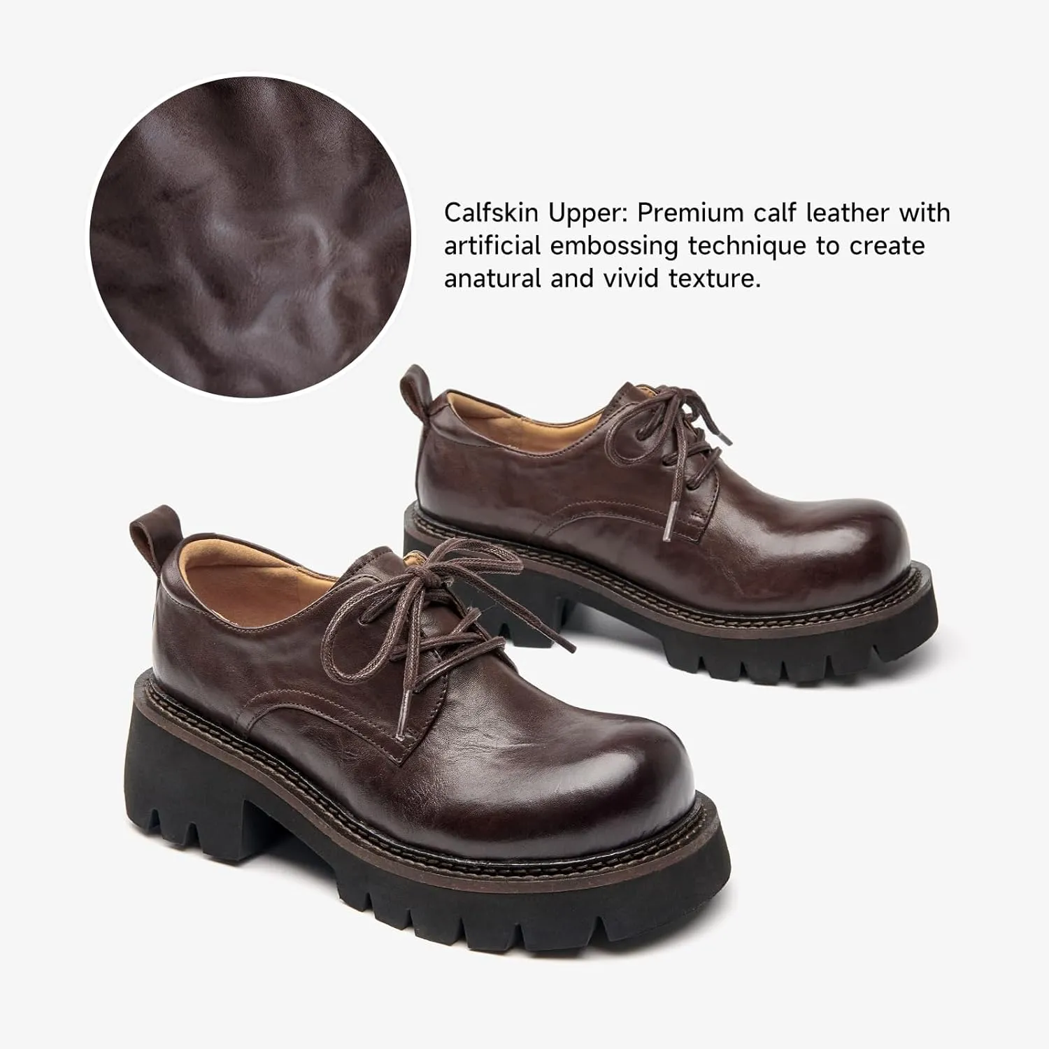 BEAU TODAY Chunky Platform Oxford Shoes for Women - Casual Round Toe Lace-up Leather Oxfords - Comfortable Business Lug Sole Dress Shoes