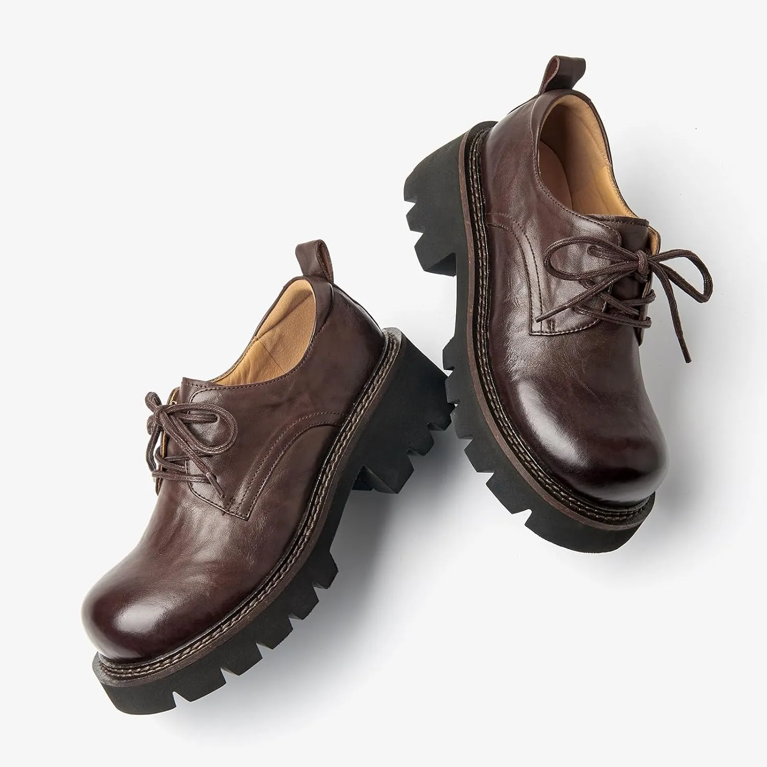 BEAU TODAY Chunky Platform Oxford Shoes for Women - Casual Round Toe Lace-up Leather Oxfords - Comfortable Business Lug Sole Dress Shoes