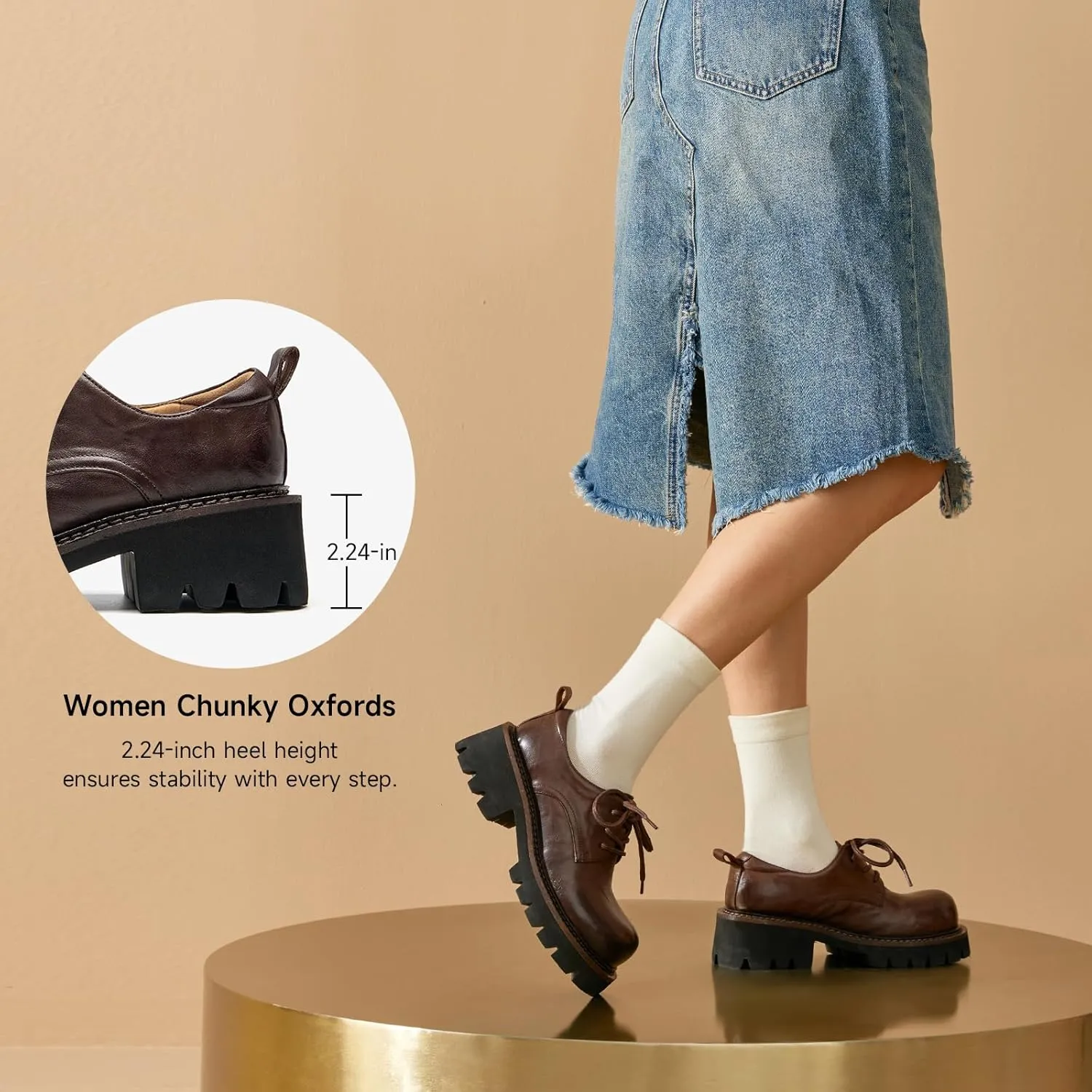 BEAU TODAY Chunky Platform Oxford Shoes for Women - Casual Round Toe Lace-up Leather Oxfords - Comfortable Business Lug Sole Dress Shoes