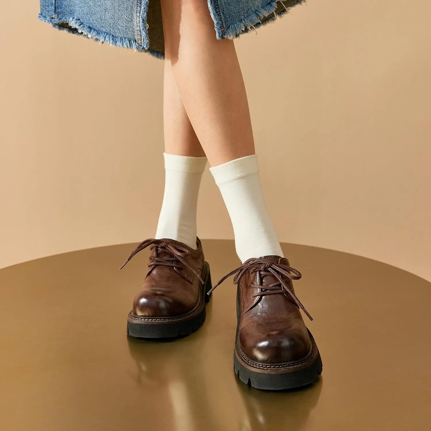 BEAU TODAY Chunky Platform Oxford Shoes for Women - Casual Round Toe Lace-up Leather Oxfords - Comfortable Business Lug Sole Dress Shoes