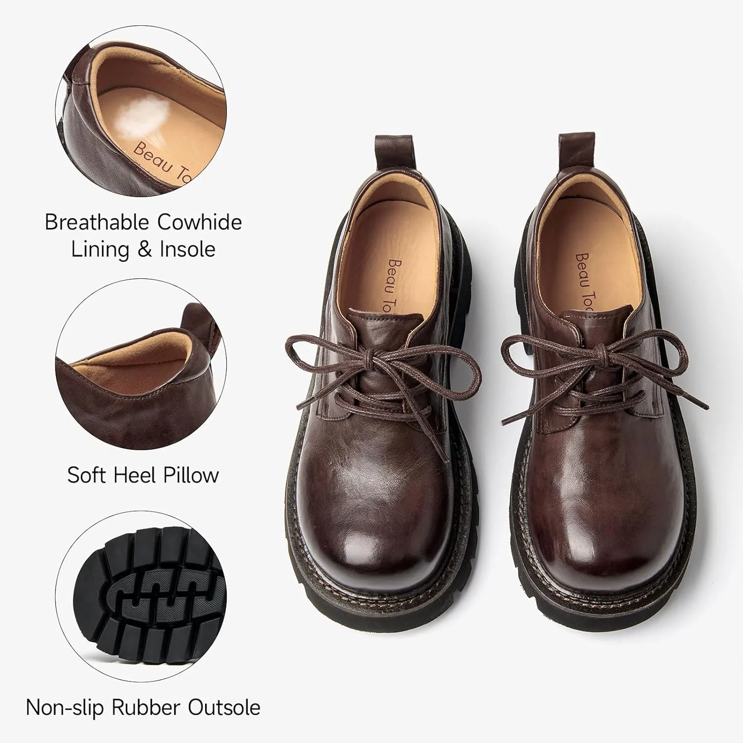 BEAU TODAY Chunky Platform Oxford Shoes for Women - Casual Round Toe Lace-up Leather Oxfords - Comfortable Business Lug Sole Dress Shoes
