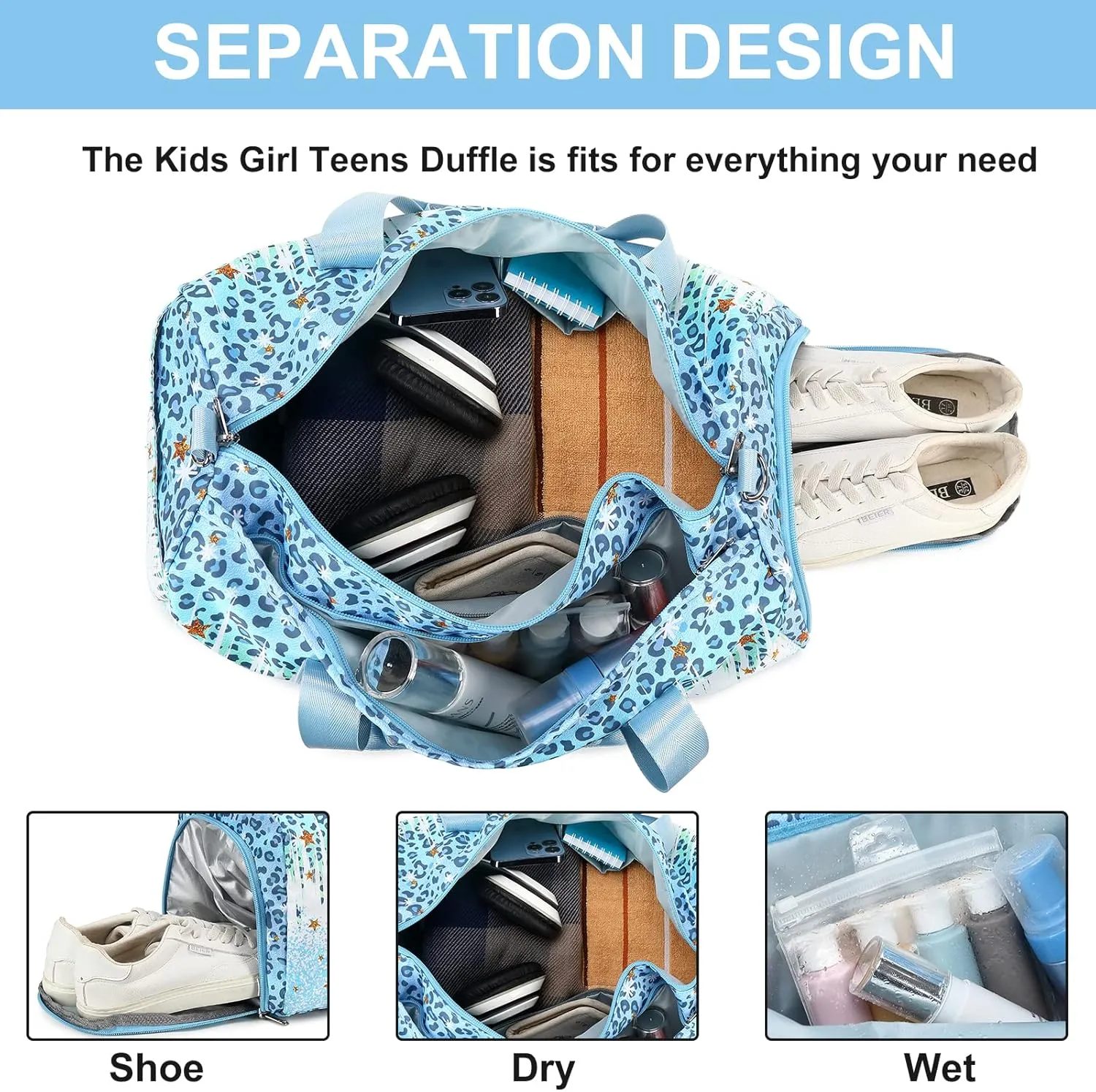 BLUBOON Duffle Bag Girls Kids Cute Gym Bag with Shoes Compartment & Wet Separation Waterproof Sports Overnight Travel Bag