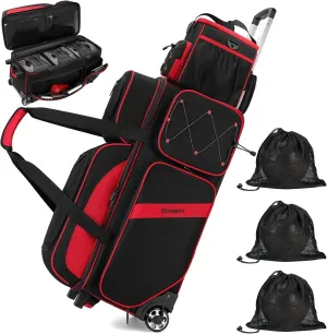 BOSSTIN 3-4 Ball Bowling Bags with Wheels, Secure Hook & Loop Fixed Ball Cup & Shoe Compartment (Fits Up to Size 16), Roller with Multi-Pockets