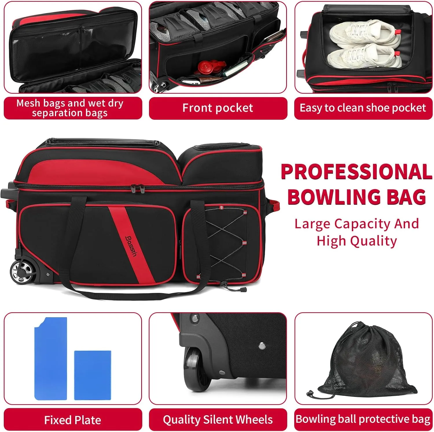 BOSSTIN 3-4 Ball Bowling Bags with Wheels, Secure Hook & Loop Fixed Ball Cup & Shoe Compartment (Fits Up to Size 16), Roller with Multi-Pockets