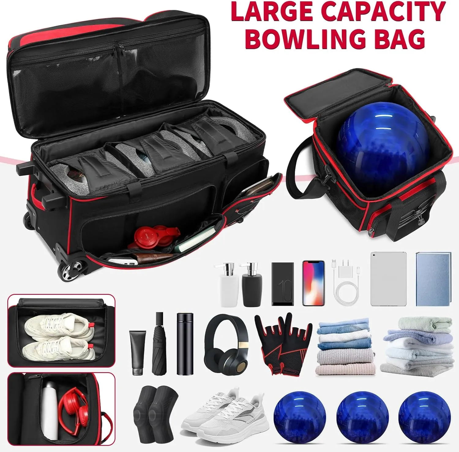 BOSSTIN 3-4 Ball Bowling Bags with Wheels, Secure Hook & Loop Fixed Ball Cup & Shoe Compartment (Fits Up to Size 16), Roller with Multi-Pockets