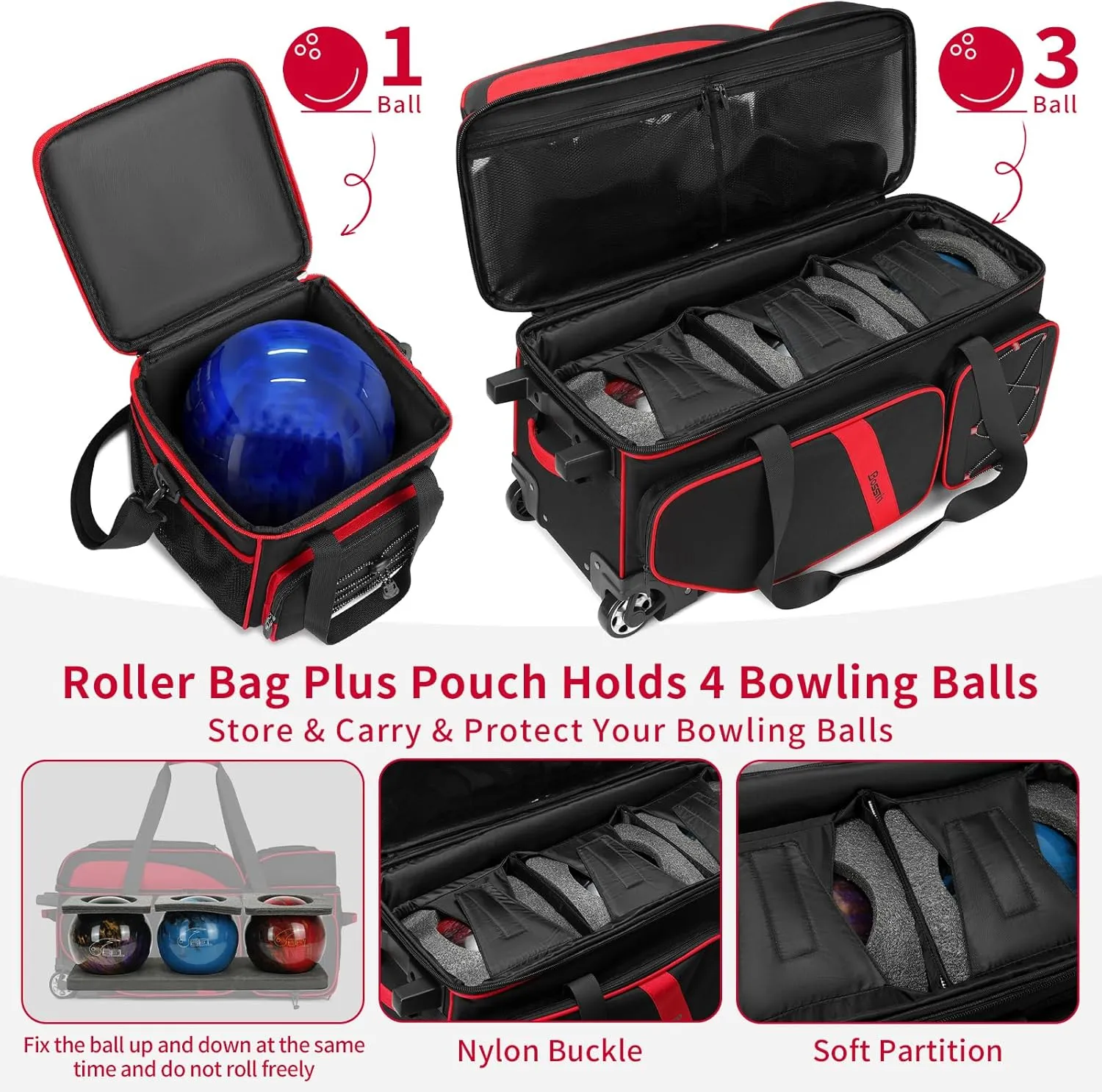 BOSSTIN 3-4 Ball Bowling Bags with Wheels, Secure Hook & Loop Fixed Ball Cup & Shoe Compartment (Fits Up to Size 16), Roller with Multi-Pockets