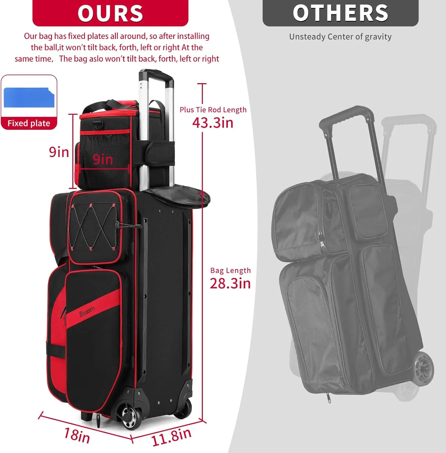 BOSSTIN 3-4 Ball Bowling Bags with Wheels, Secure Hook & Loop Fixed Ball Cup & Shoe Compartment (Fits Up to Size 16), Roller with Multi-Pockets