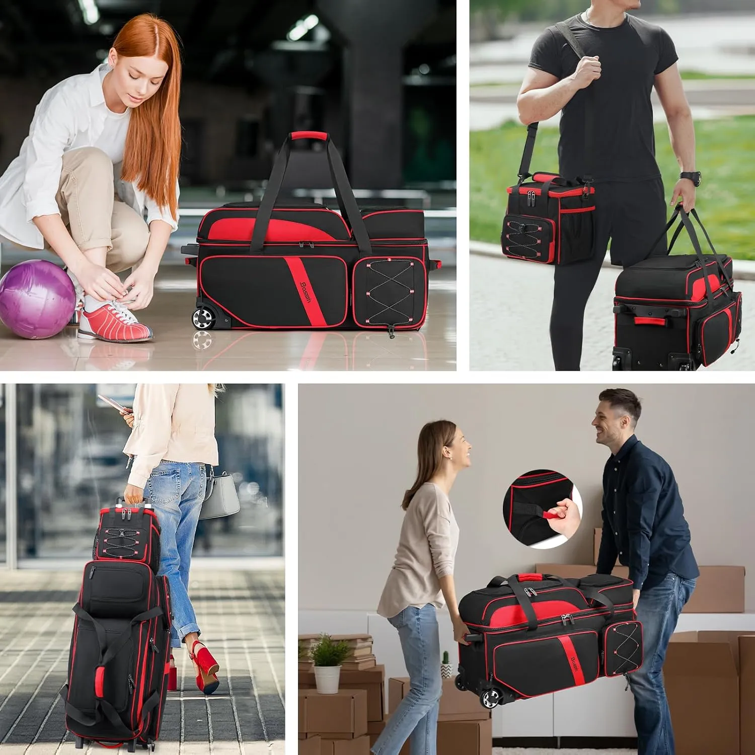 BOSSTIN 3-4 Ball Bowling Bags with Wheels, Secure Hook & Loop Fixed Ball Cup & Shoe Compartment (Fits Up to Size 16), Roller with Multi-Pockets