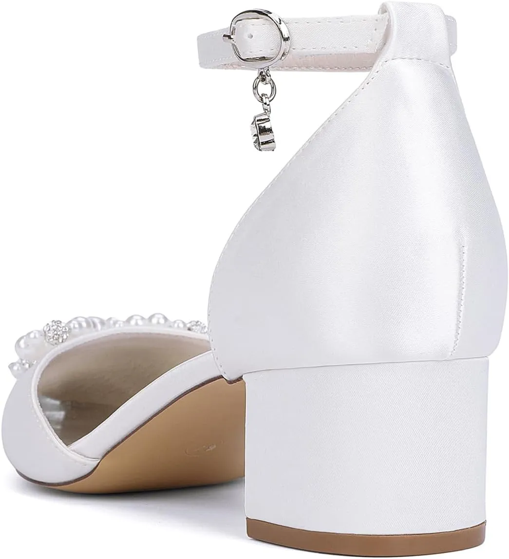 Bridal Shoes Closed Toe Heel Sandals for Women Block Heel Bridal Sandals with Pearls Elegant Heels for Dressy Ankle Strap Prom Shoes Pointy Toe
