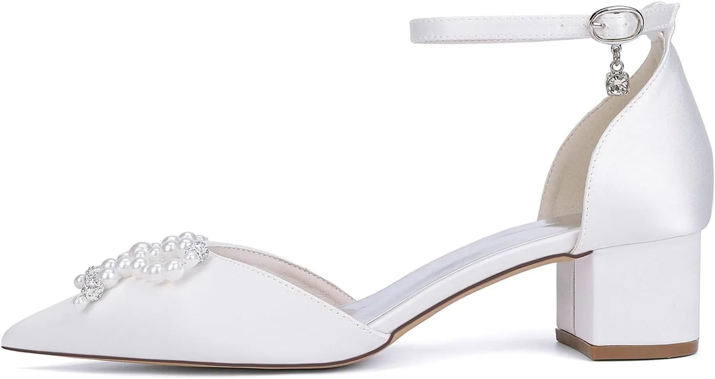 Bridal Shoes Closed Toe Heel Sandals for Women Block Heel Bridal Sandals with Pearls Elegant Heels for Dressy Ankle Strap Prom Shoes Pointy Toe