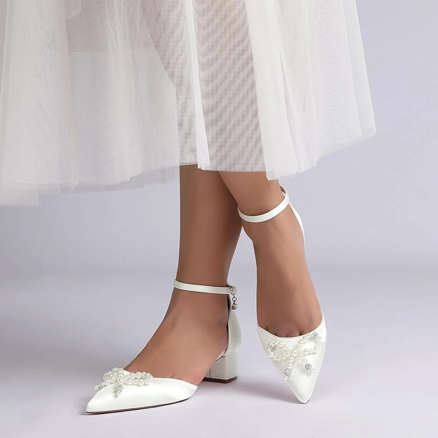 Bridal Shoes Closed Toe Heel Sandals for Women Block Heel Bridal Sandals with Pearls Elegant Heels for Dressy Ankle Strap Prom Shoes Pointy Toe