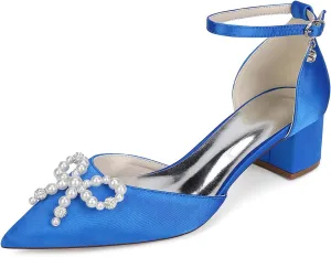 Bridal Shoes Closed Toe Heel Sandals for Women Block Heel Bridal Sandals with Pearls Elegant Heels for Dressy Ankle Strap Prom Shoes Pointy Toe