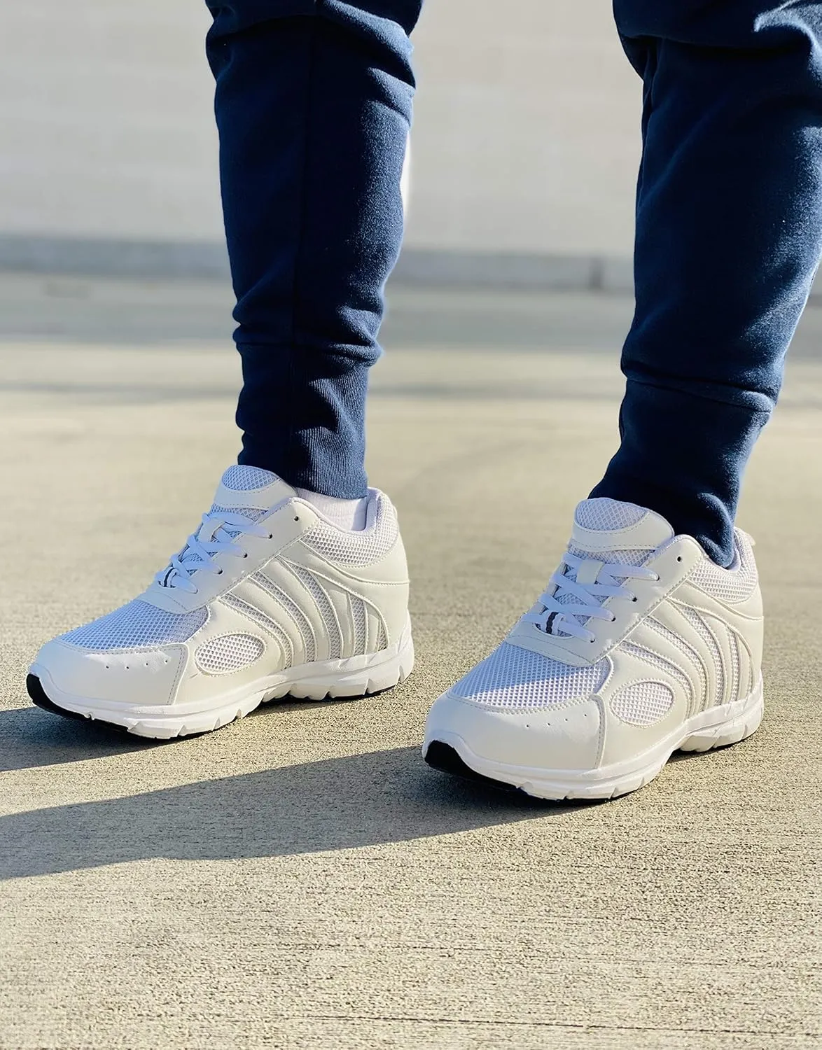 CALTO Men's Invisible Height Increasing Elevator Shoes - White Leather/Mesh Lace-up Super Lightweight Trainer Sneakers - 3 Inches Taller - G3303 - Size 6 D(M) US