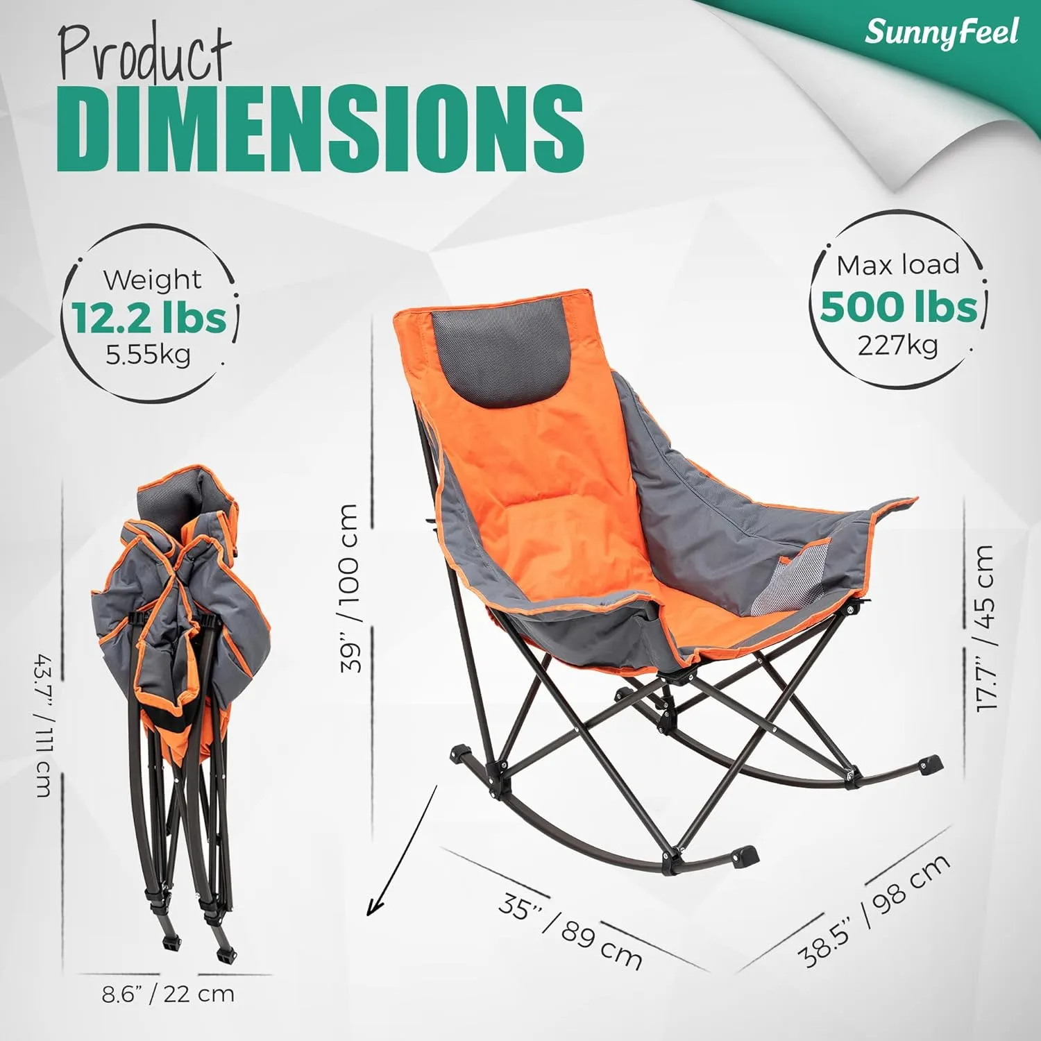 Camping Rocking Chair for Adults, Luxury Padded Recliner, Oversized Folding Rocker, Outdoor Lawn Chair