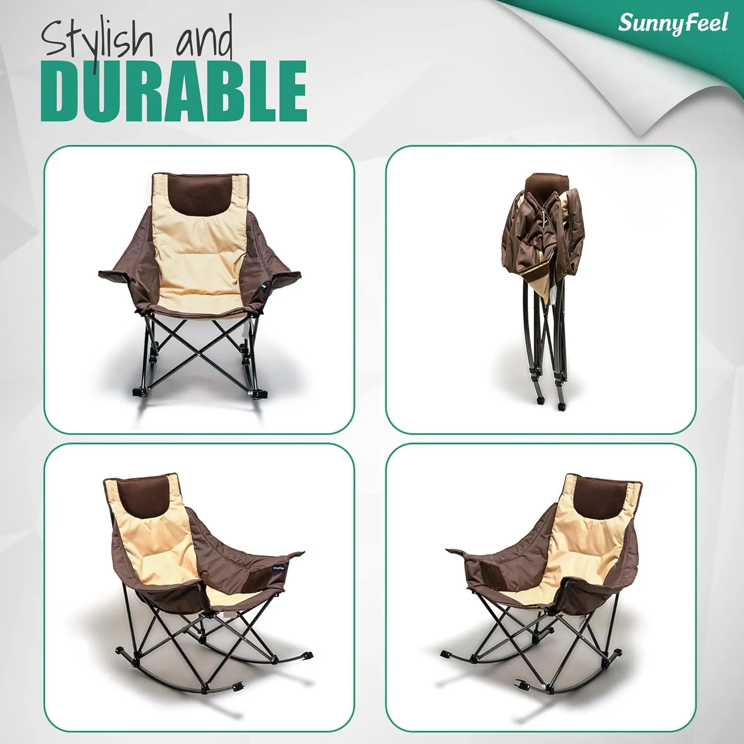 Camping Rocking Chair for Adults, Luxury Padded Recliner, Oversized Folding Rocker, Outdoor Lawn Chair