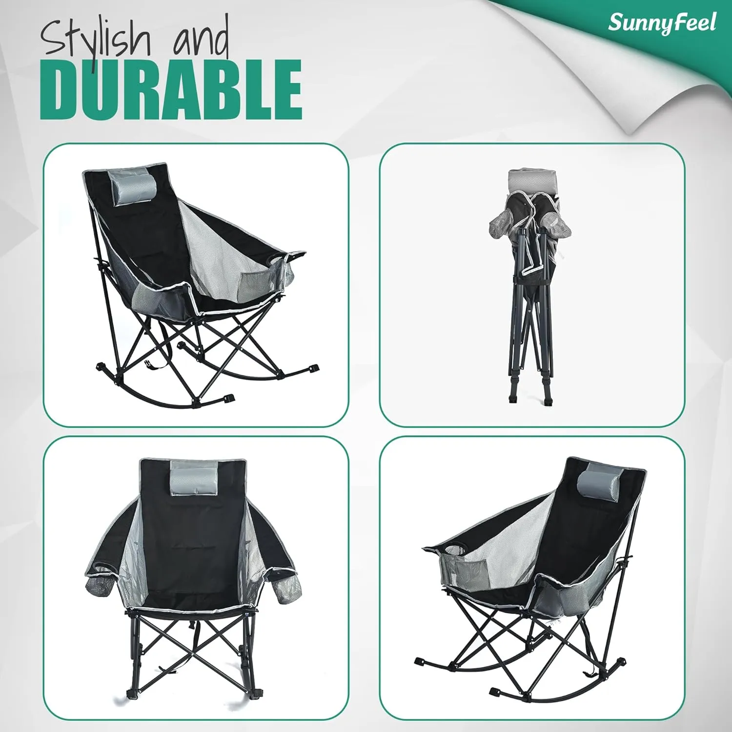 Camping Rocking Chair for Adults, Luxury Padded Recliner, Oversized Folding Rocker, Outdoor Lawn Chair