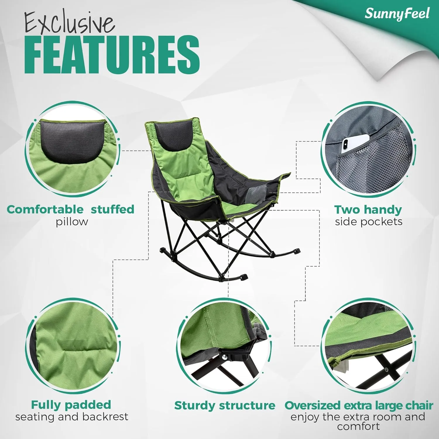 Camping Rocking Chair for Adults, Luxury Padded Recliner, Oversized Folding Rocker, Outdoor Lawn Chair
