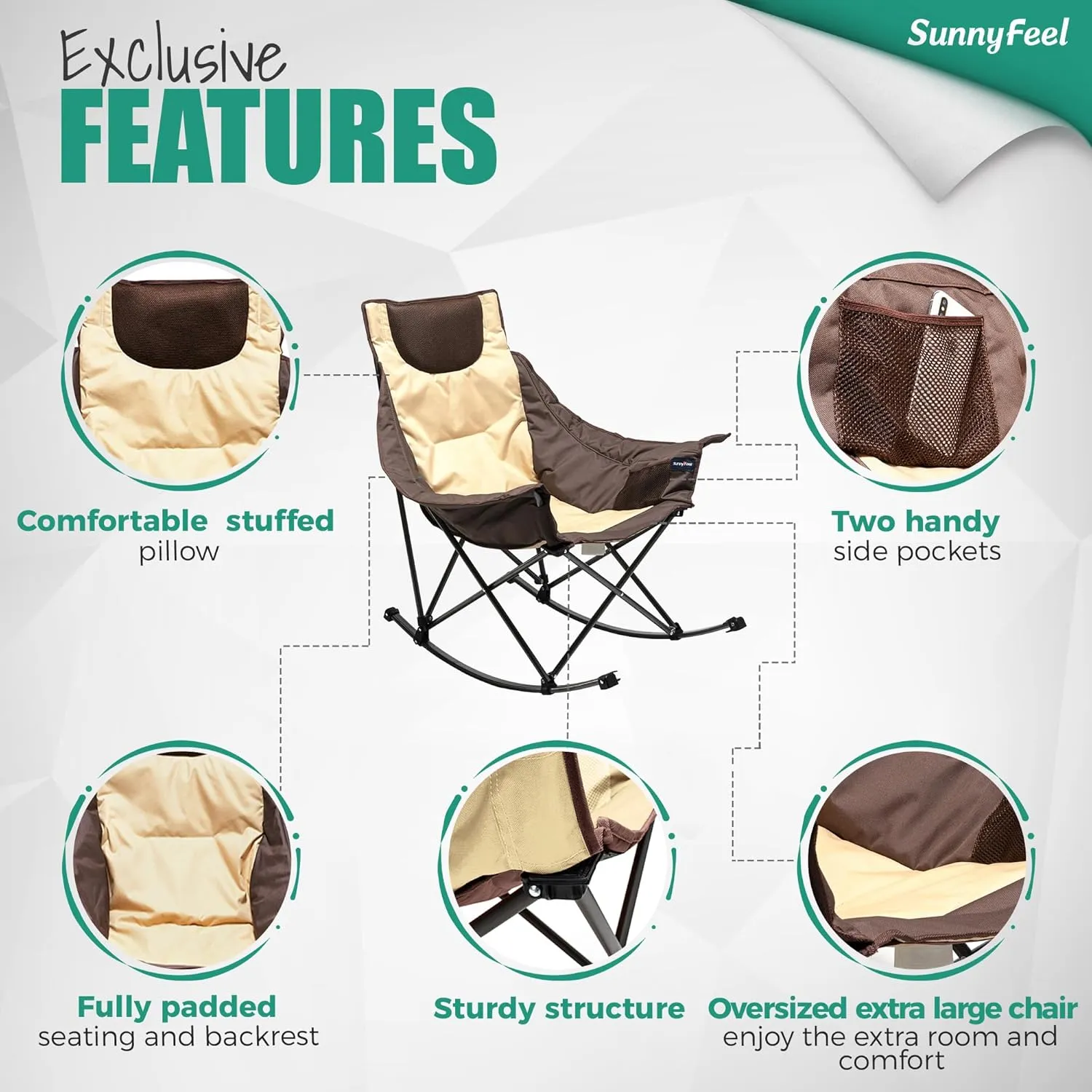 Camping Rocking Chair for Adults, Luxury Padded Recliner, Oversized Folding Rocker, Outdoor Lawn Chair