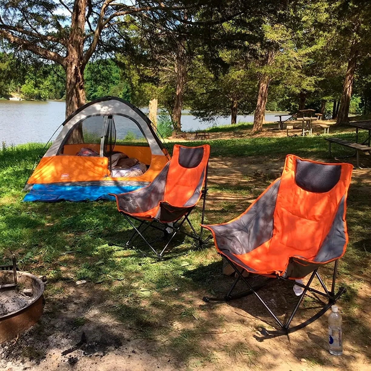 Camping Rocking Chair for Adults, Luxury Padded Recliner, Oversized Folding Rocker, Outdoor Lawn Chair