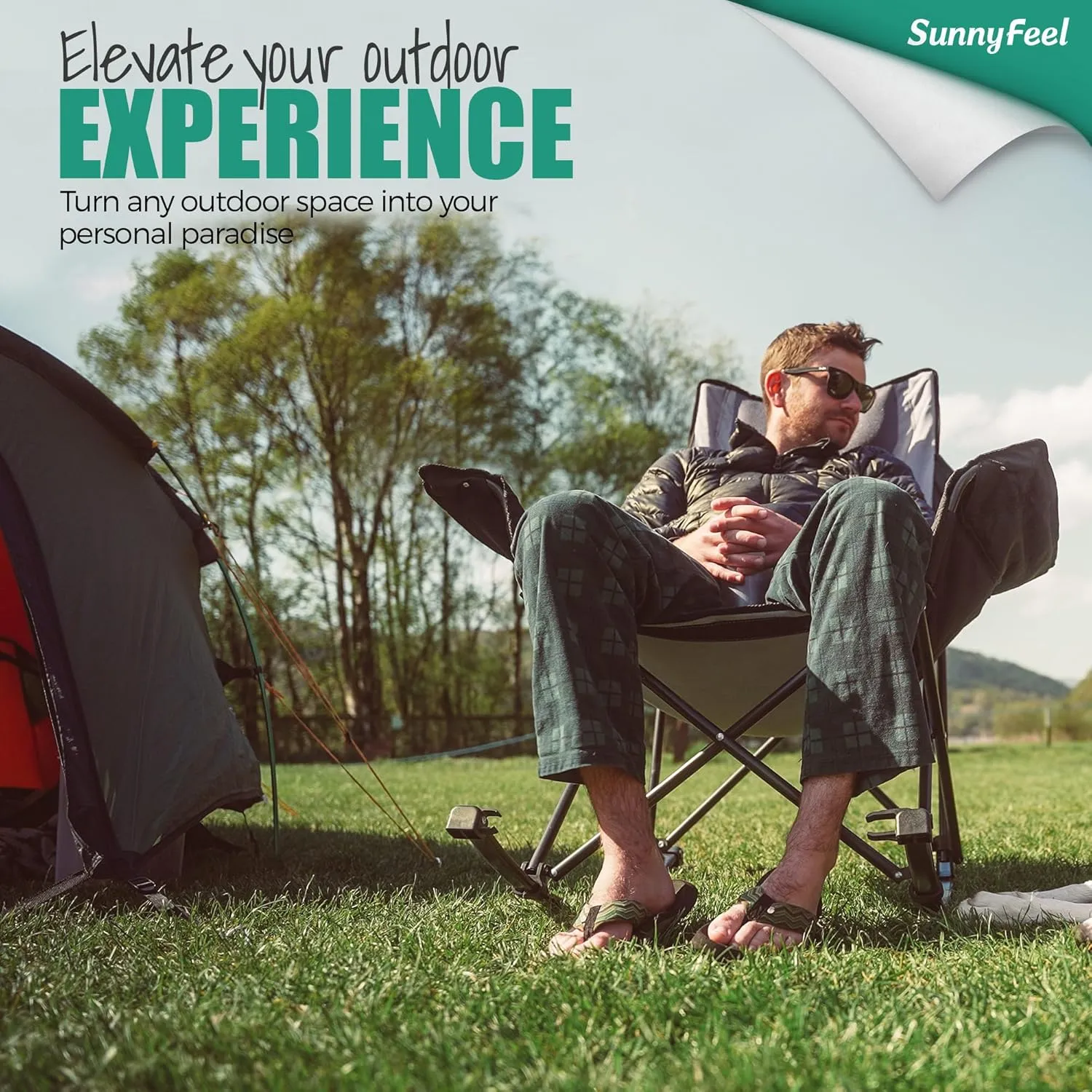 Camping Rocking Chair for Adults, Luxury Padded Recliner, Oversized Folding Rocker, Outdoor Lawn Chair