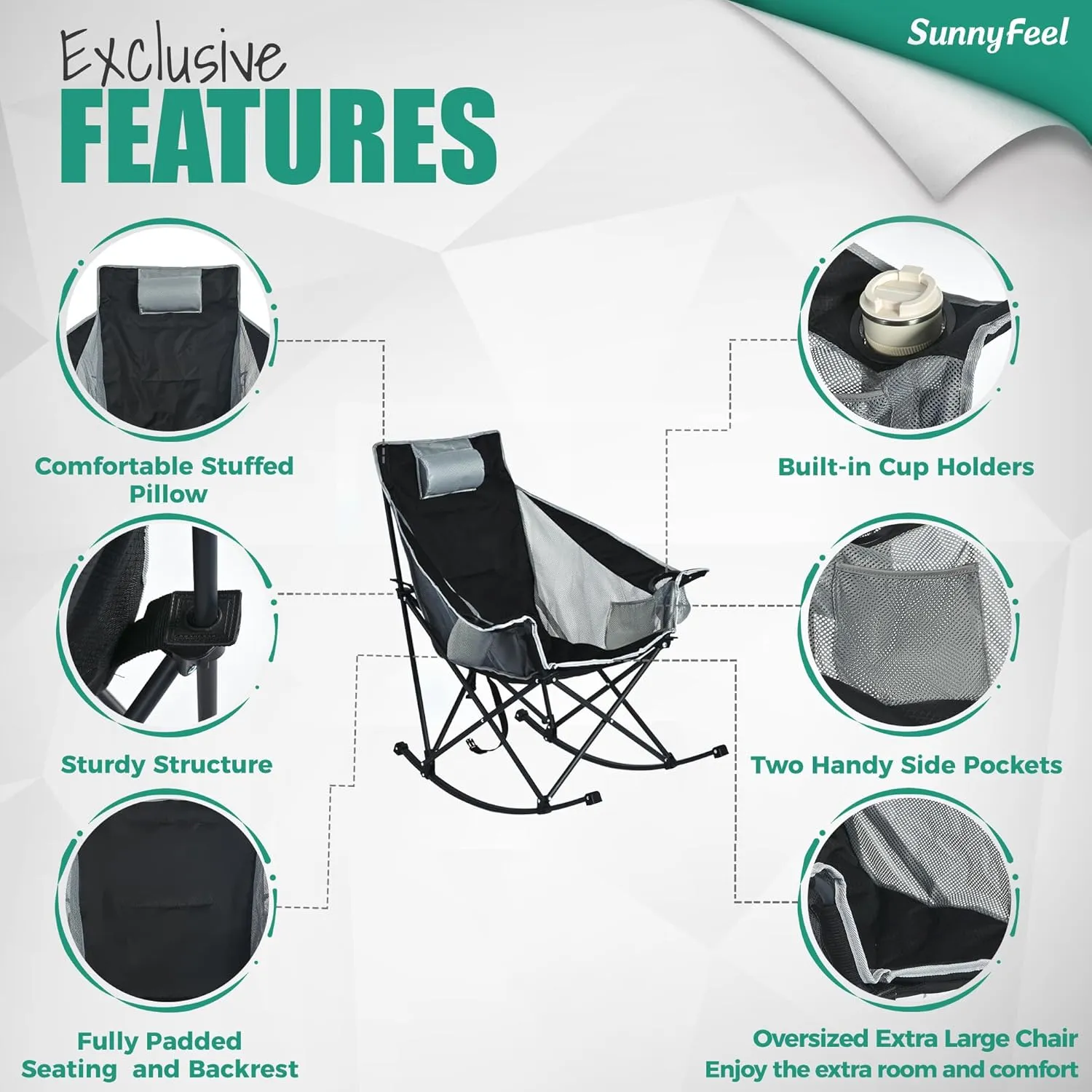 Camping Rocking Chair for Adults, Luxury Padded Recliner, Oversized Folding Rocker, Outdoor Lawn Chair