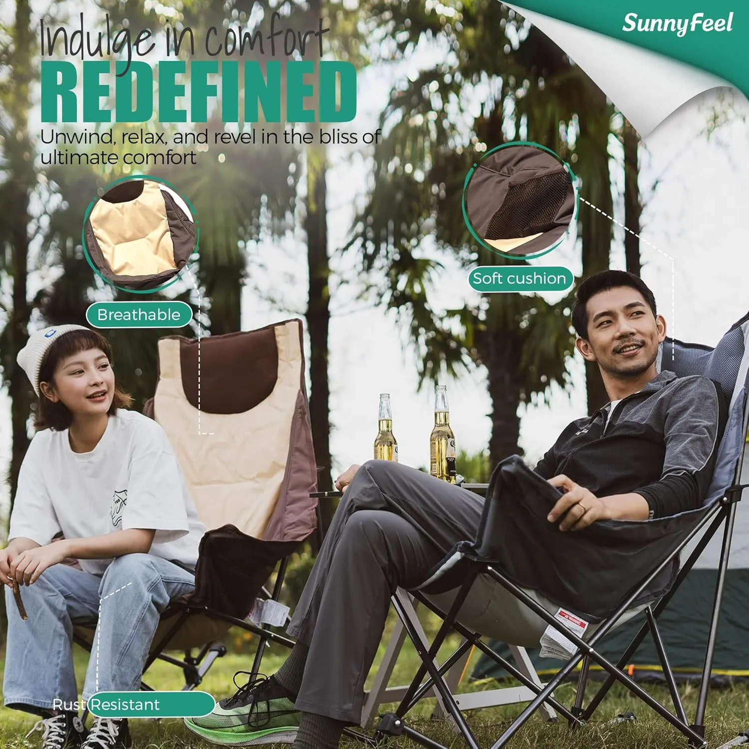 Camping Rocking Chair for Adults, Luxury Padded Recliner, Oversized Folding Rocker, Outdoor Lawn Chair