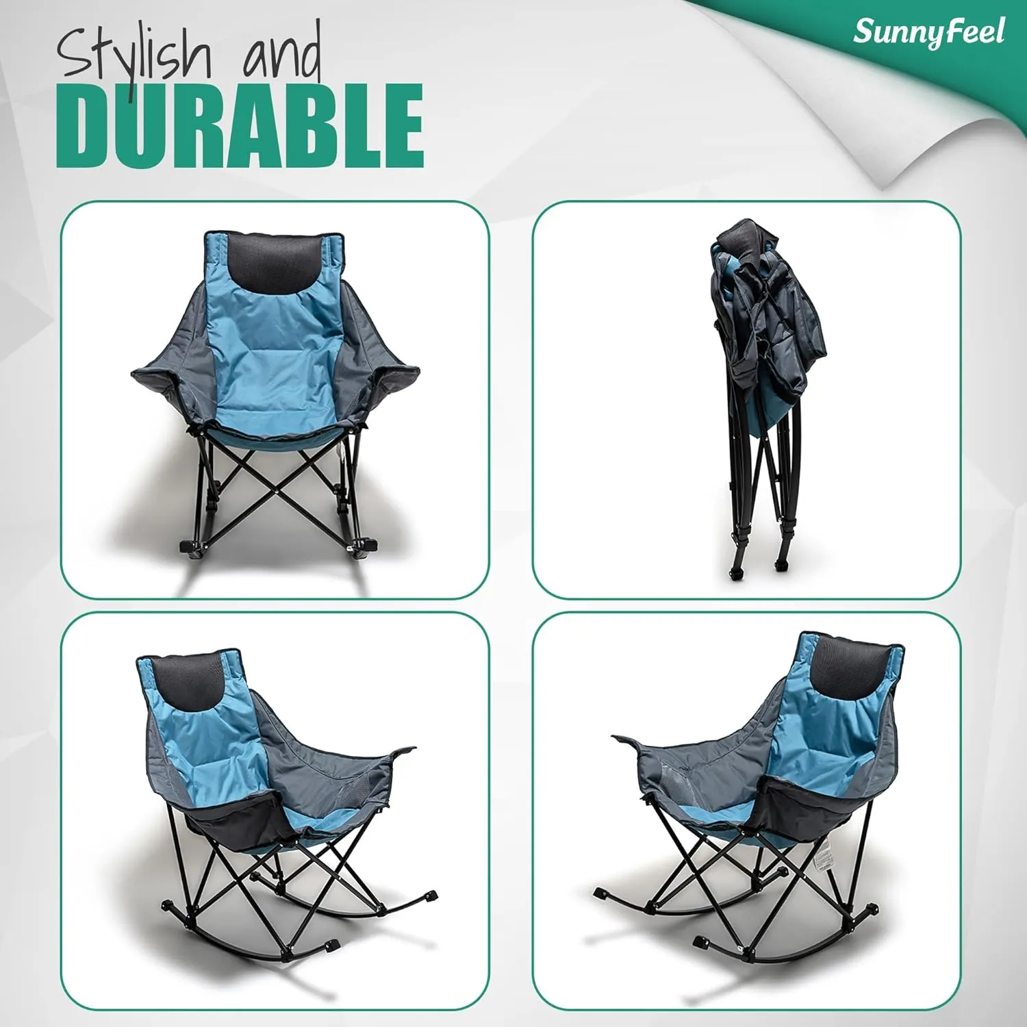 Camping Rocking Chair for Adults, Luxury Padded Recliner, Oversized Folding Rocker, Outdoor Lawn Chair
