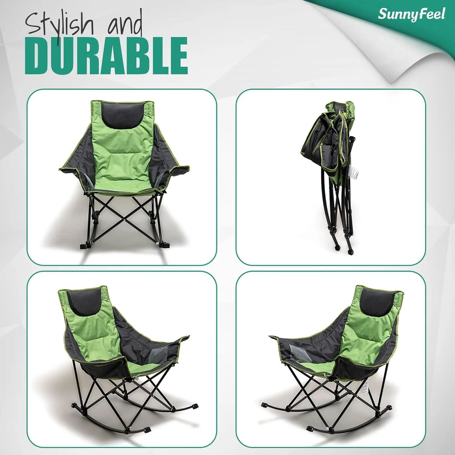 Camping Rocking Chair for Adults, Luxury Padded Recliner, Oversized Folding Rocker, Outdoor Lawn Chair