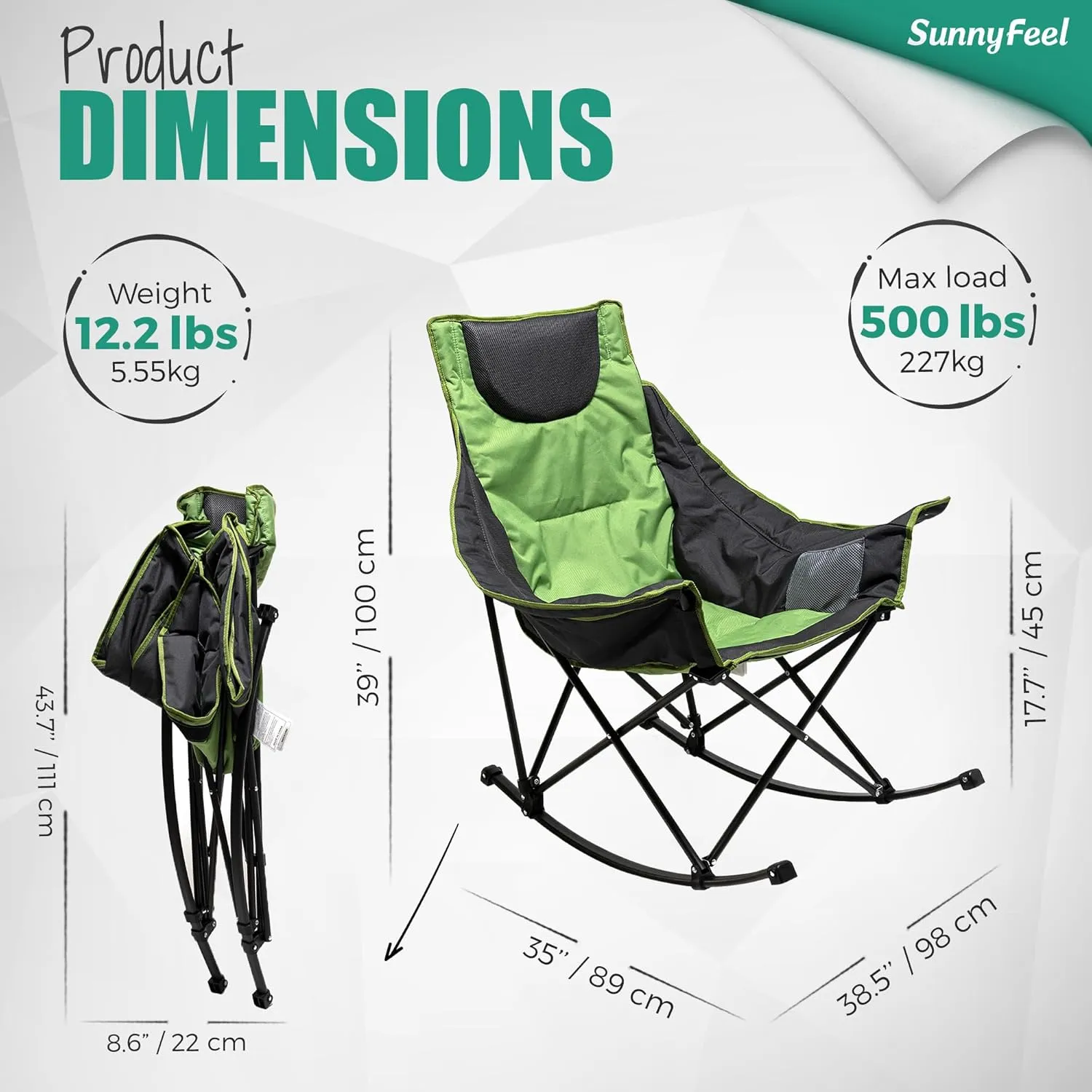 Camping Rocking Chair for Adults, Luxury Padded Recliner, Oversized Folding Rocker, Outdoor Lawn Chair