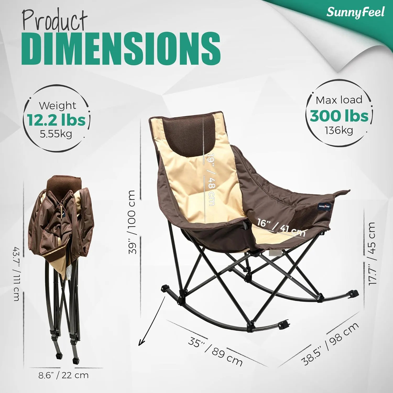 Camping Rocking Chair for Adults, Luxury Padded Recliner, Oversized Folding Rocker, Outdoor Lawn Chair