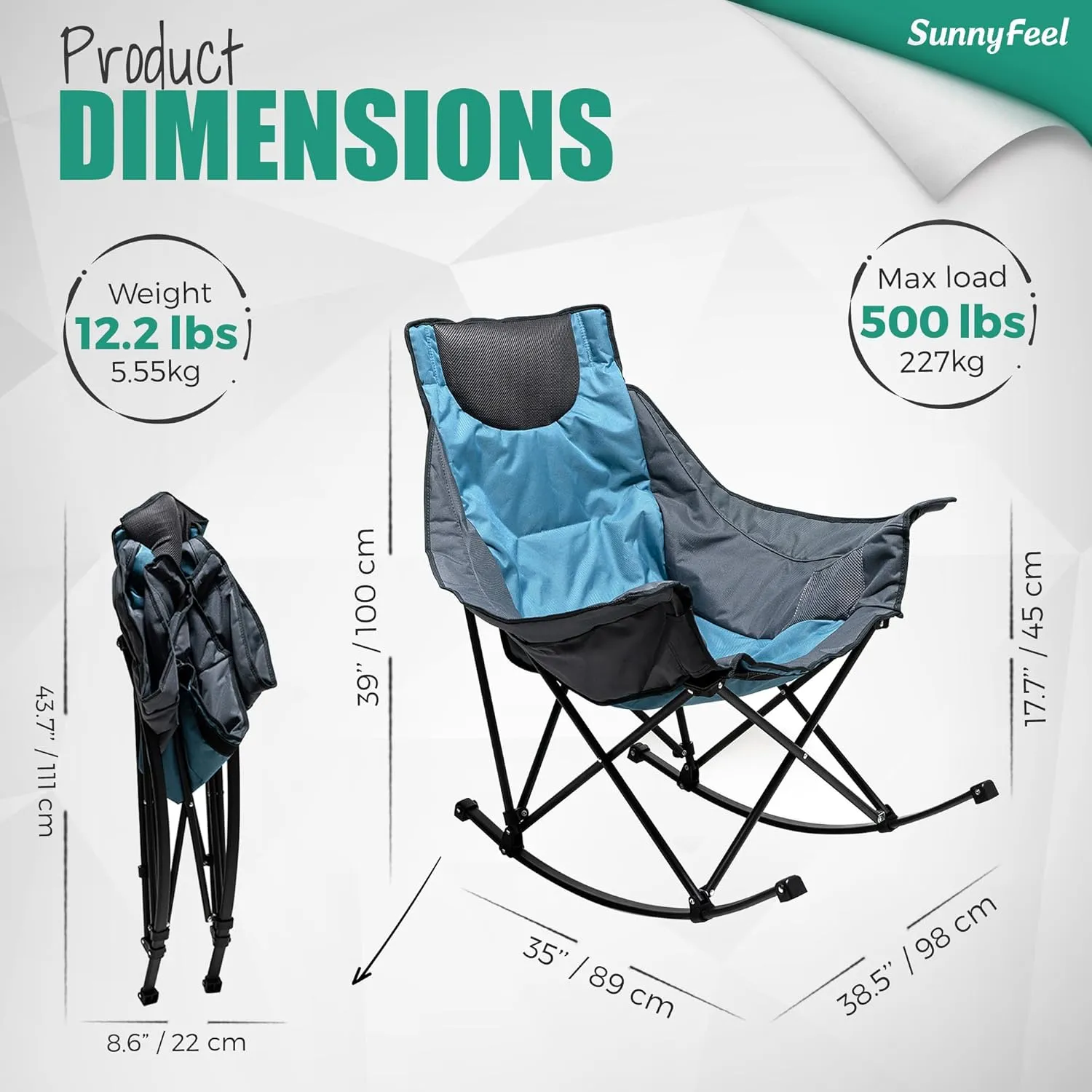 Camping Rocking Chair for Adults, Luxury Padded Recliner, Oversized Folding Rocker, Outdoor Lawn Chair
