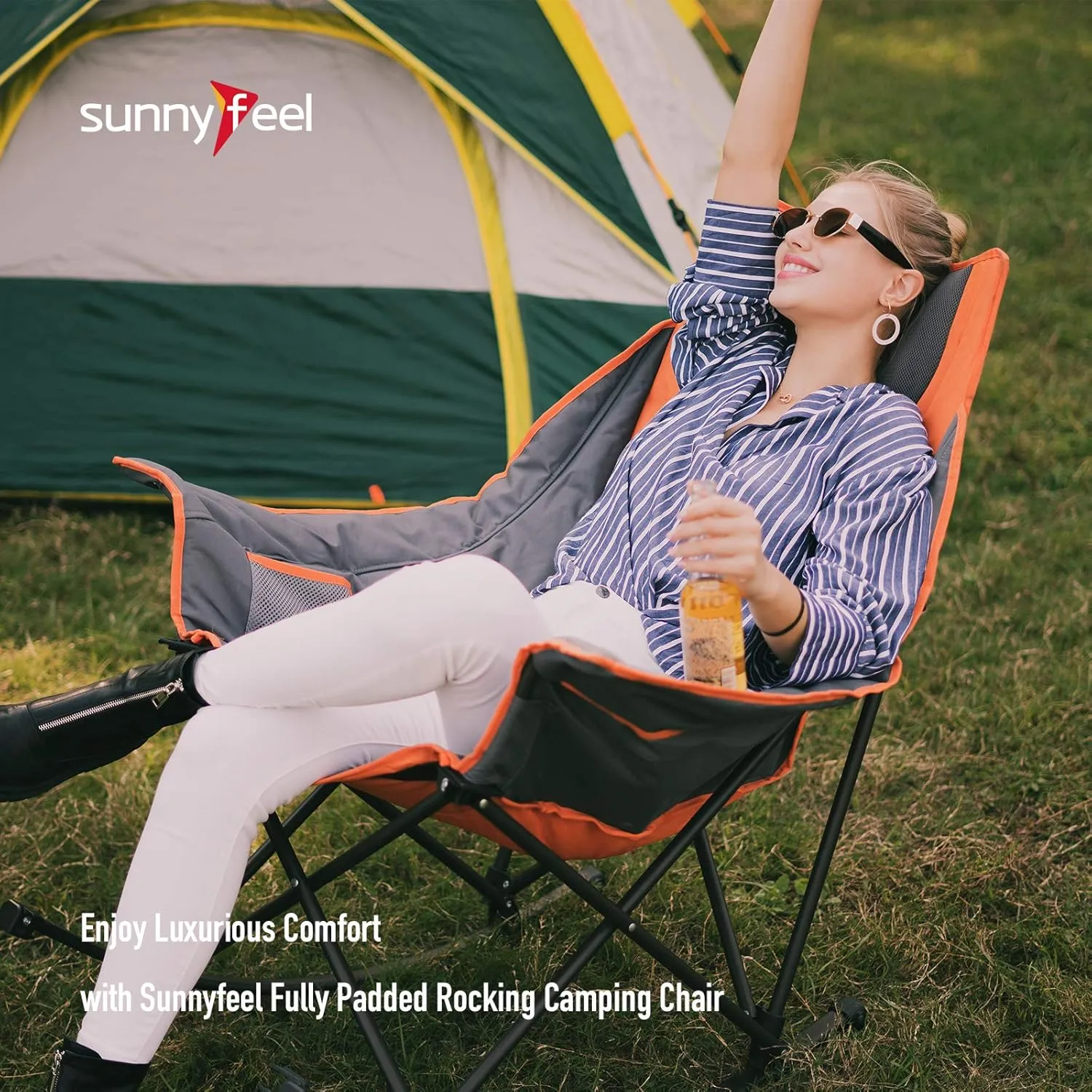 Camping Rocking Chair for Adults, Luxury Padded Recliner, Oversized Folding Rocker, Outdoor Lawn Chair