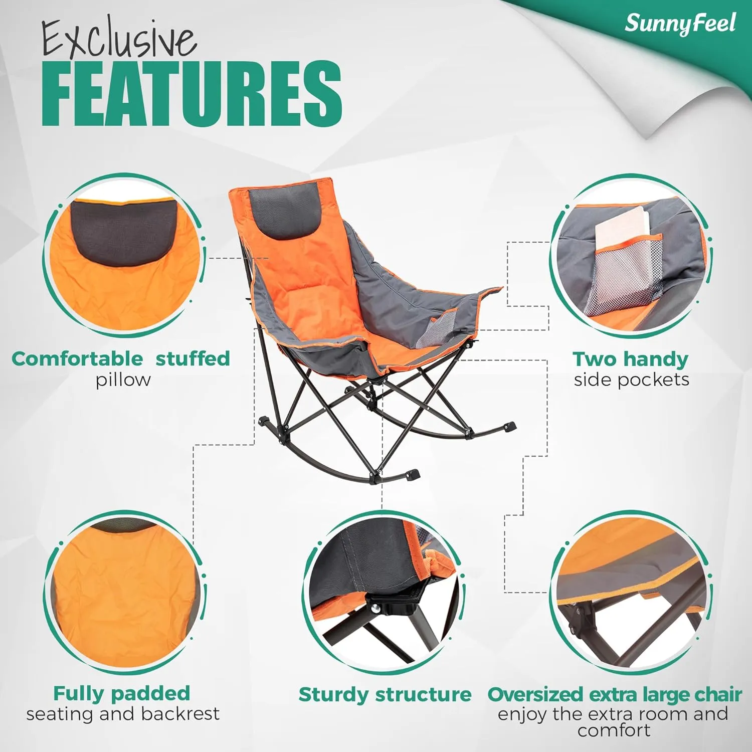 Camping Rocking Chair for Adults, Luxury Padded Recliner, Oversized Folding Rocker, Outdoor Lawn Chair