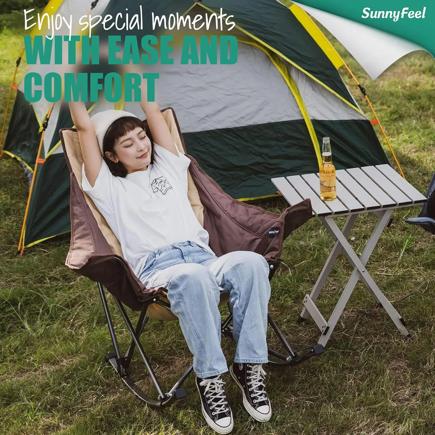 Camping Rocking Chair for Adults, Luxury Padded Recliner, Oversized Folding Rocker, Outdoor Lawn Chair
