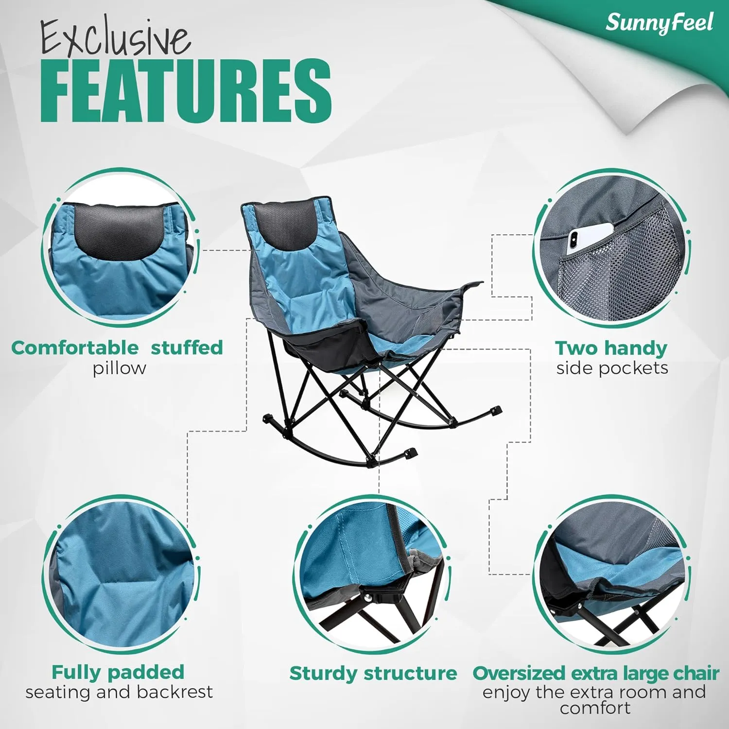 Camping Rocking Chair for Adults, Luxury Padded Recliner, Oversized Folding Rocker, Outdoor Lawn Chair