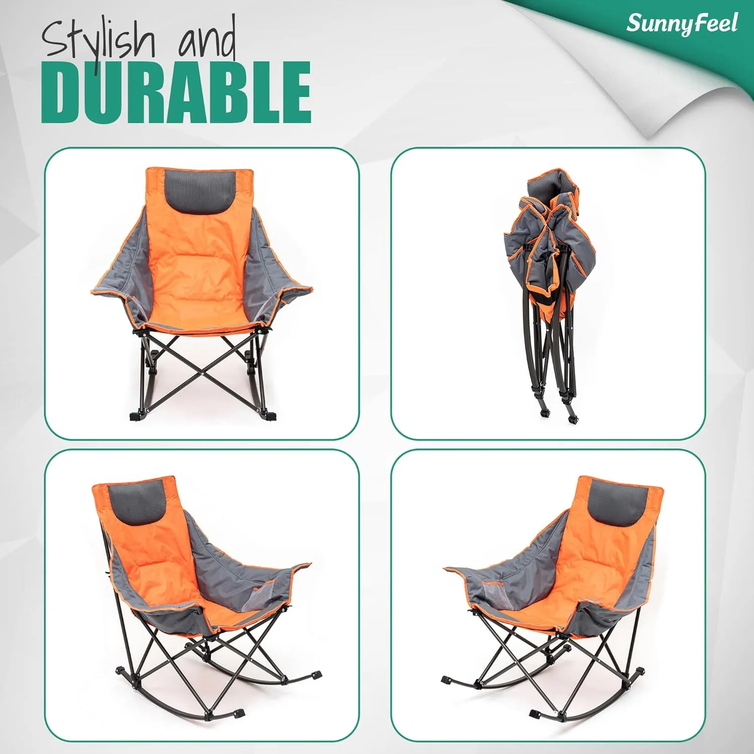 Camping Rocking Chair for Adults, Luxury Padded Recliner, Oversized Folding Rocker, Outdoor Lawn Chair