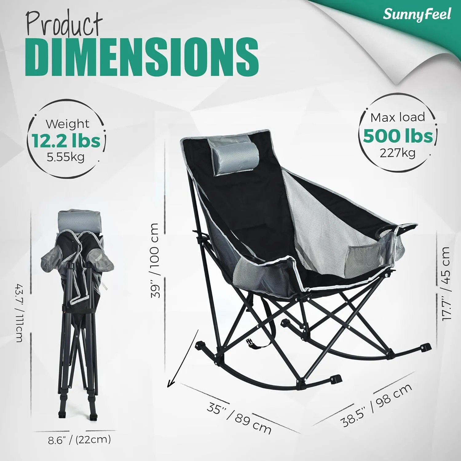 Camping Rocking Chair for Adults, Luxury Padded Recliner, Oversized Folding Rocker, Outdoor Lawn Chair